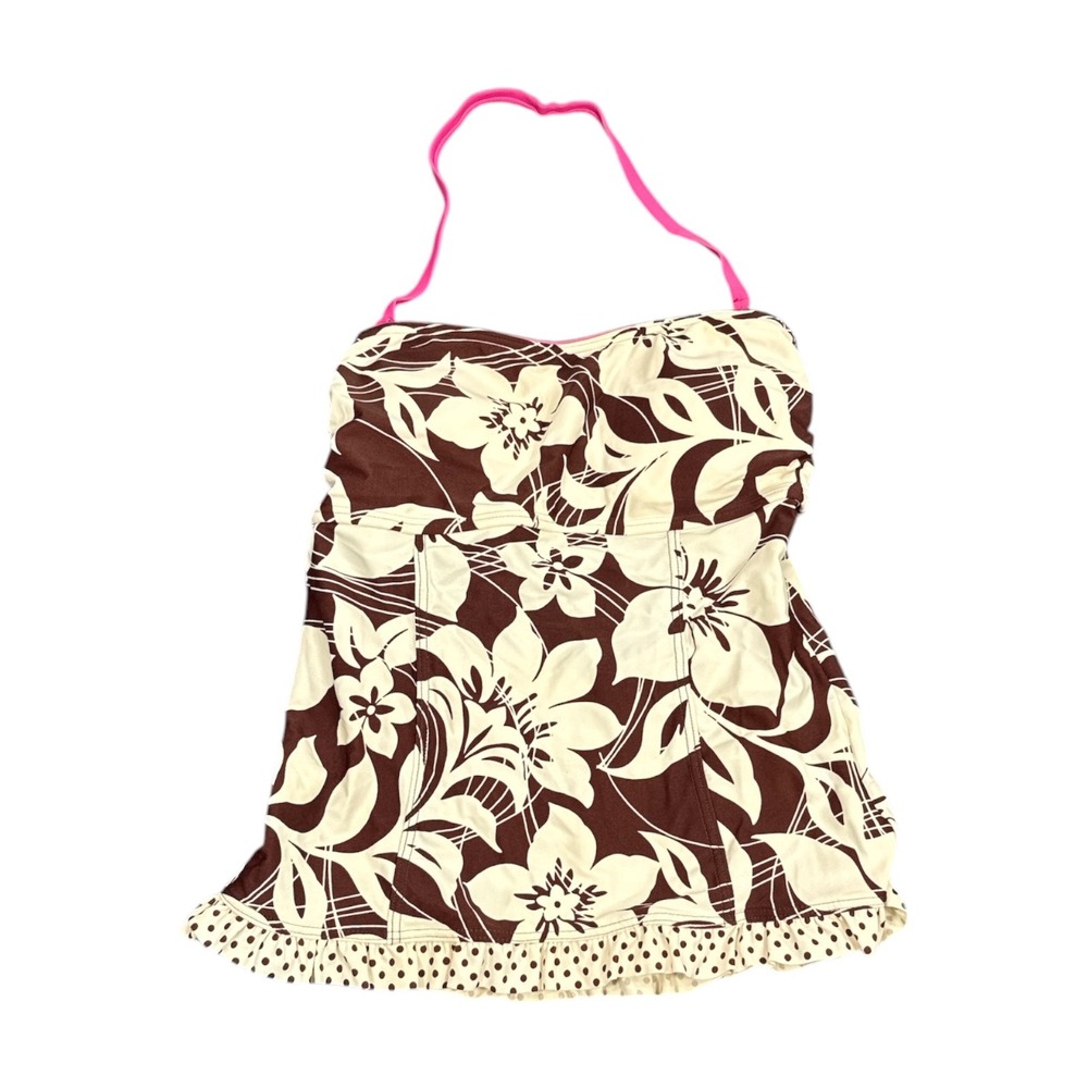 SO Floral Tankini Swim Top Brown Cream Pink Halter Polka Dot Ruffle M